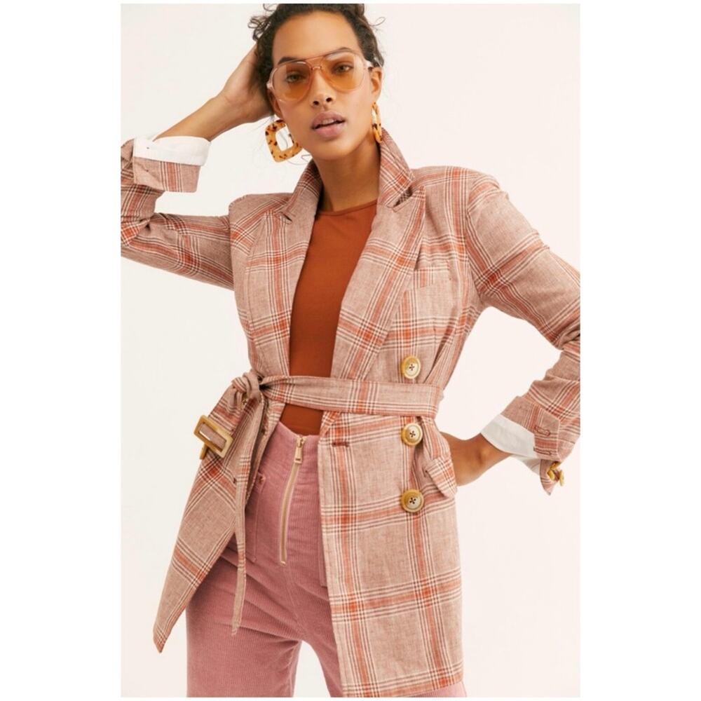 Free People Women’s Sz S Pink Plaid Blazer Jacket Pink Tan Belted Emily Trench